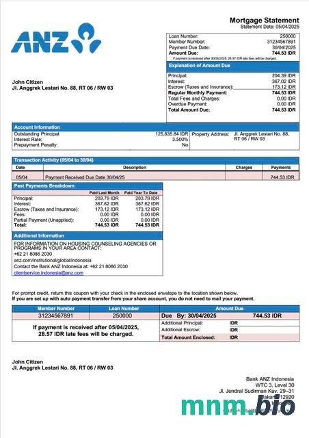 Indonezja Bank ANZ Indonesia wyciąg z kredytu hipotecznego szablon Word i PDF